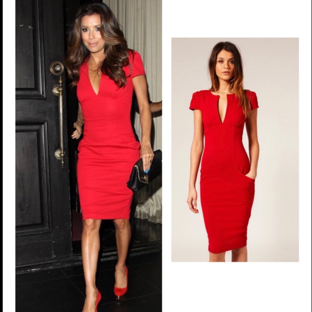 ASOS red deep v pencil dress